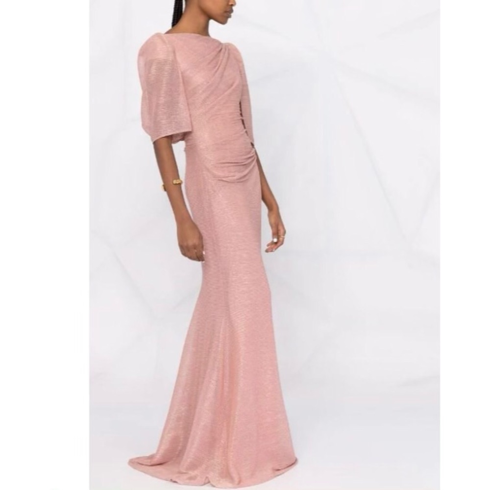 Talbot Runhof Gown - Size 10 - 
Strong-Shoulder Cape Pleated Metallic Voile Gown